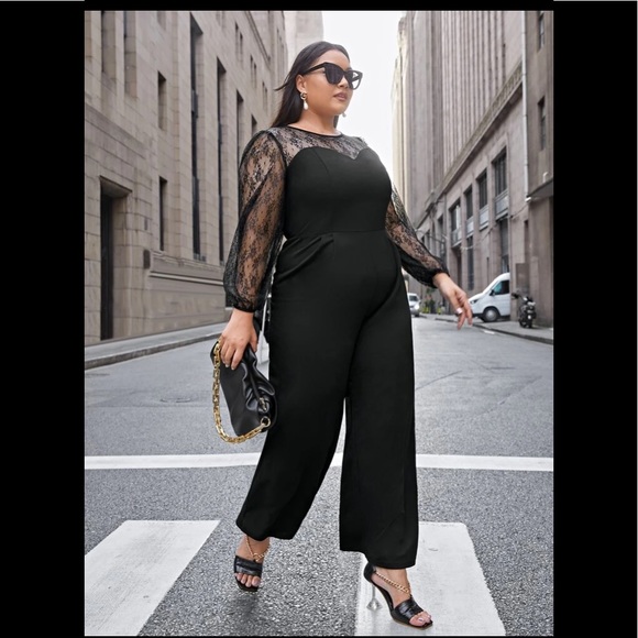 NEW SHEIN BLACK LACE WIDE LEG JUMPSUIT - Picture 1 of 6